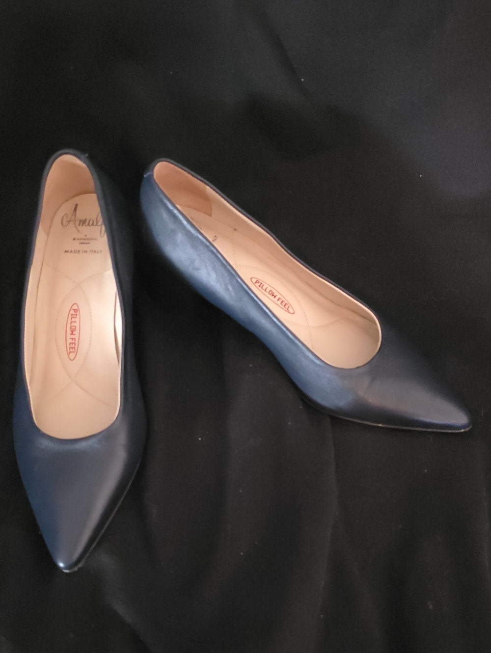 Amalfi Navy Pointed-Toe Leather Chunky Heels